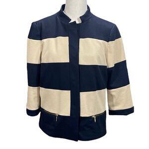 Focus 2000 Navy Tan Color Block Short Snap Closure Blazer zip pockets Size 10